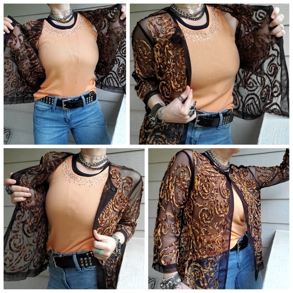 Chico's Brown Sheer Mesh Summer Cardigan w/Sewn-on Animal Print Leopard Swirls - Picture 7 of 16